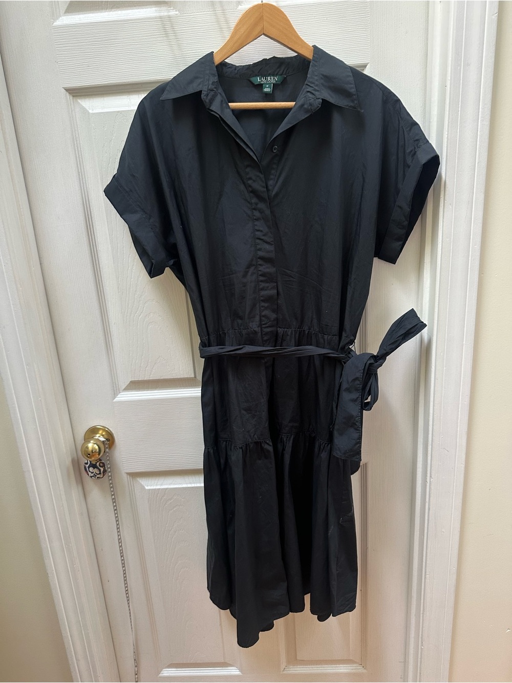 Lauren Ralph Lauren Black Short Sleeve Shirt Dress tiered belted 12